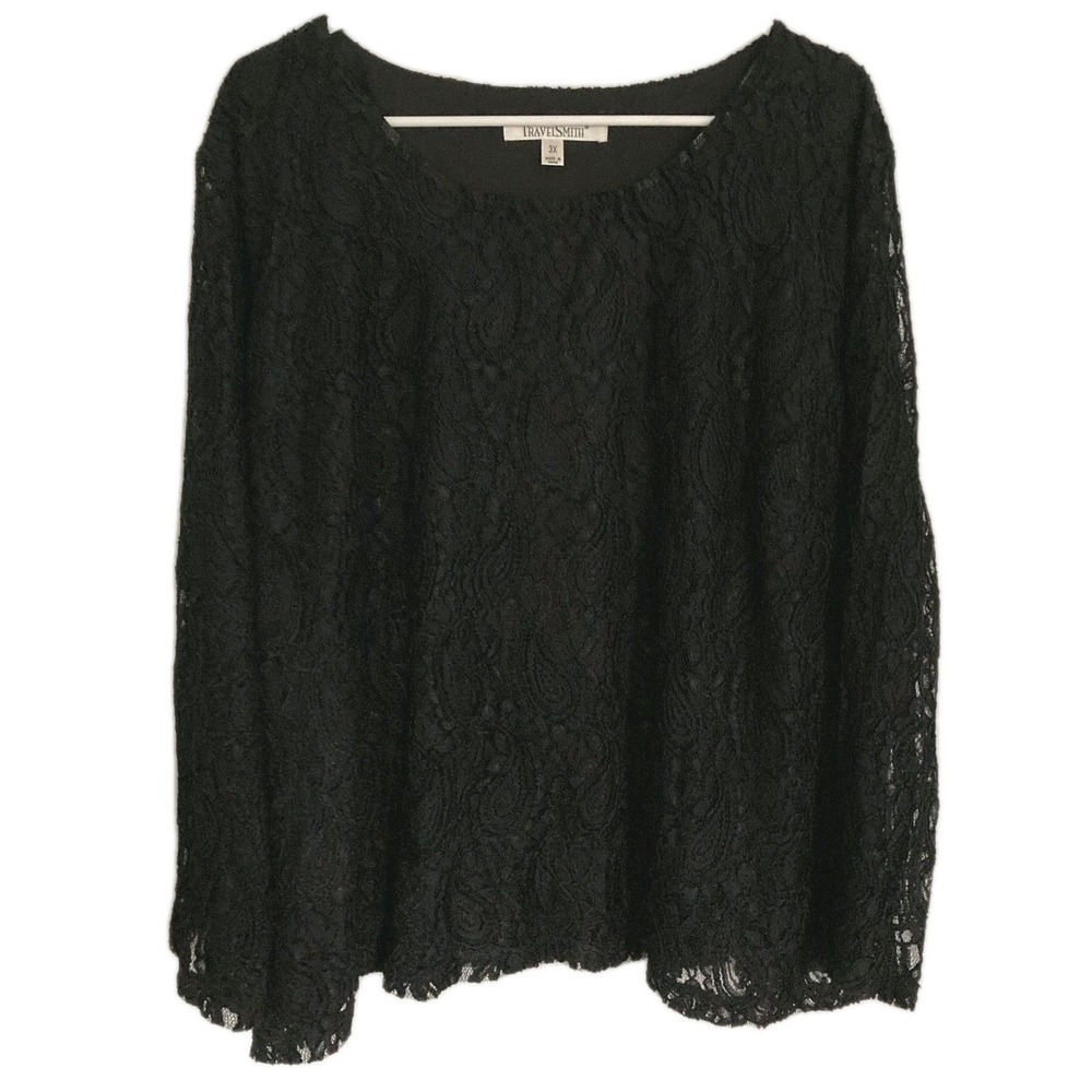 TravelSmith Shirt Womens 3X Black Lace Paisley Scoop Neck Tunic Top Stretch NWOT